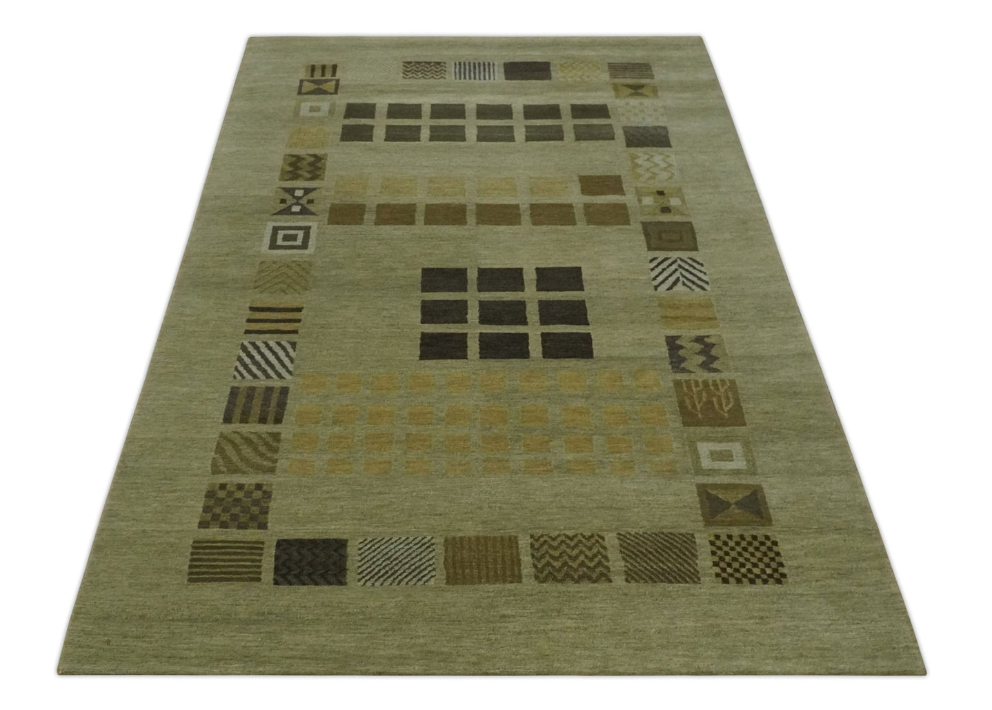 Modern Geometrical Green, Charcoal and Brown Hand loom 5x8 wool Area Rug - The Rug Decor