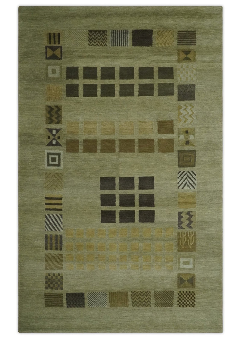Modern Geometrical Green, Charcoal and Brown Hand loom 5x8 wool Area Rug - The Rug Decor