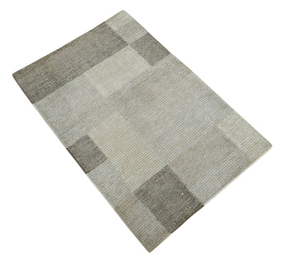 Modern Geometrical Hand knotted 2x3 Gray, Beige and Silver Area Rug | N5323 - The Rug Decor