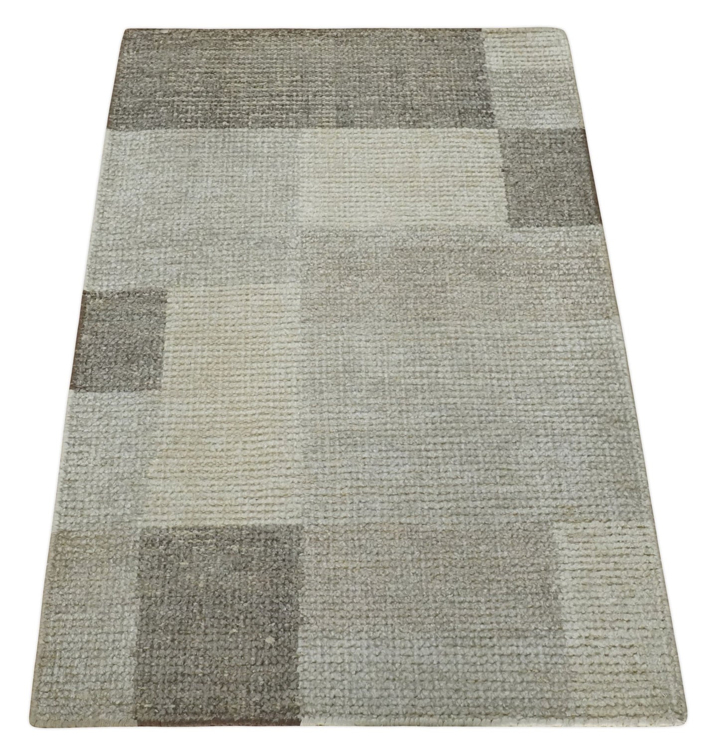 Modern Geometrical Hand knotted 2x3 Gray, Beige and Silver Area Rug | N5323 - The Rug Decor