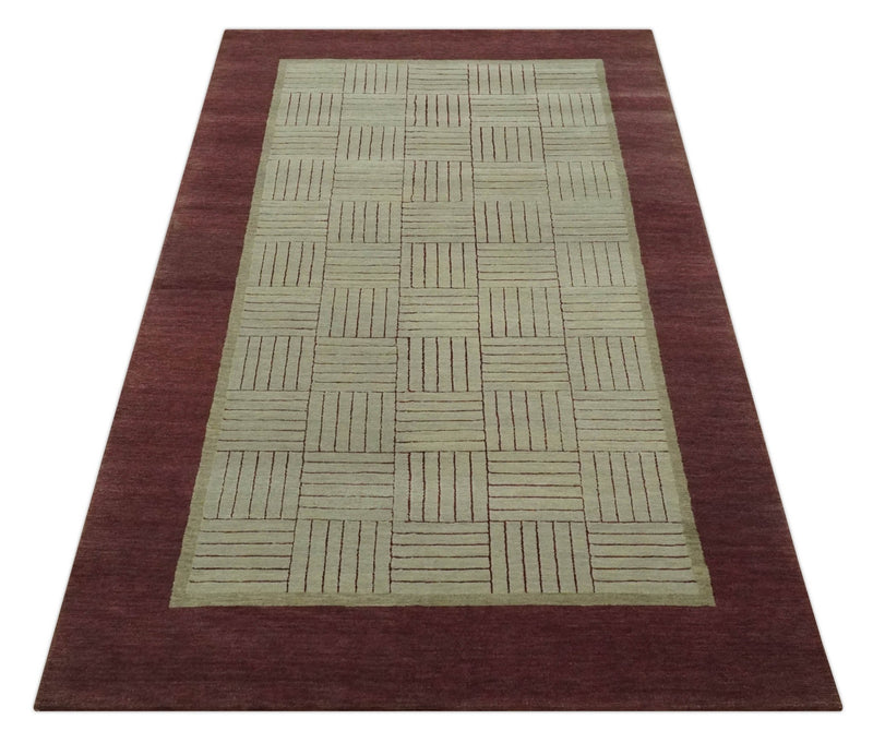 Modern Geometrical Hand knotted Maroon and Beige 5x8 Wool and Art Silk Area Rug - The Rug Decor