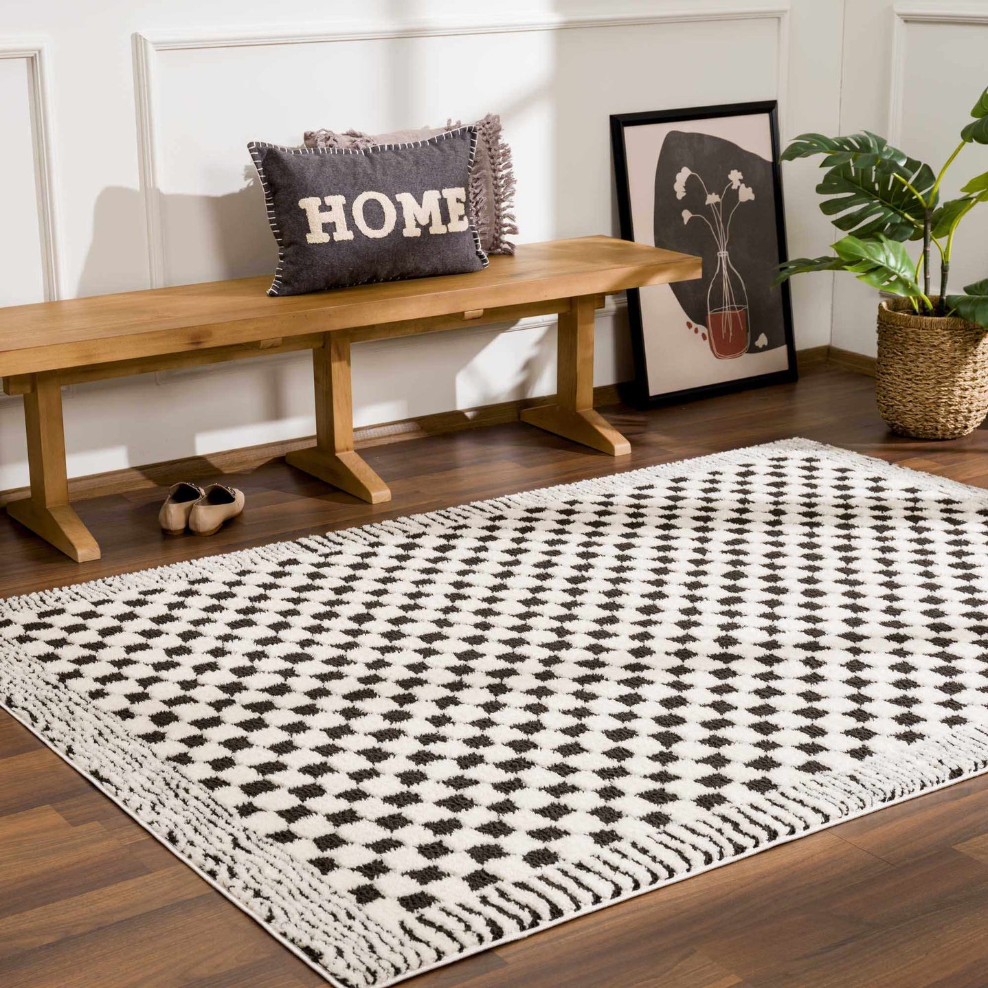 Modern Geometrical Ivory and Black Checkered Plush Pile Moroccan Style Area Rug - The Rug Decor