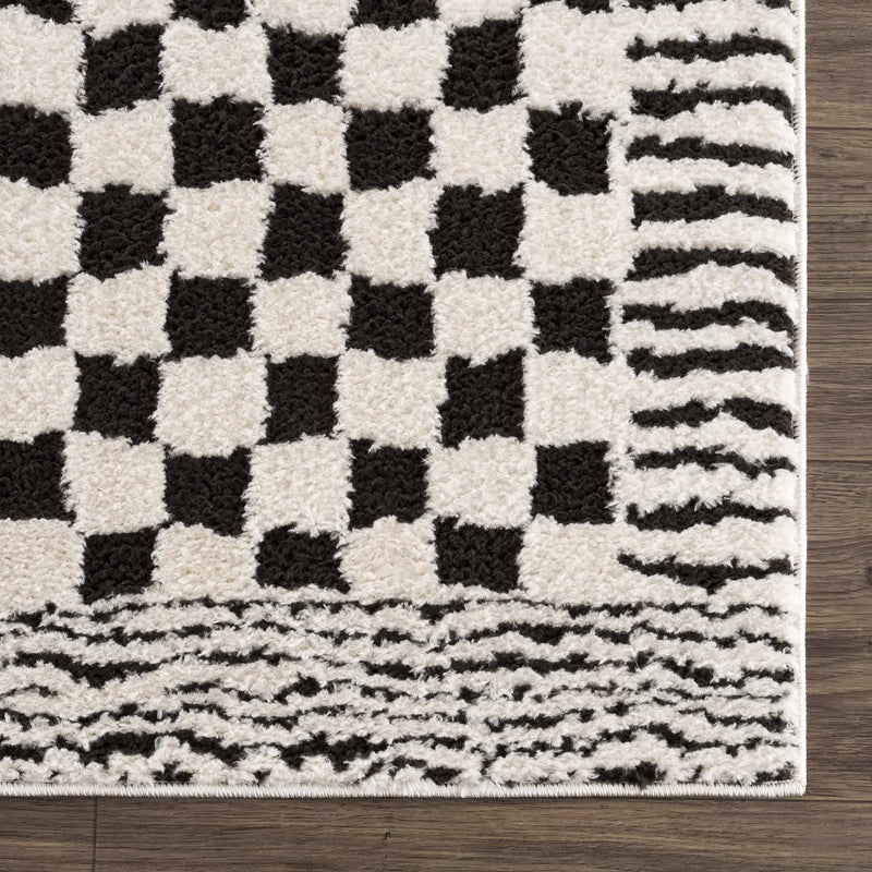 Modern Geometrical Ivory and Black Checkered Plush Pile Moroccan Style Area Rug - The Rug Decor