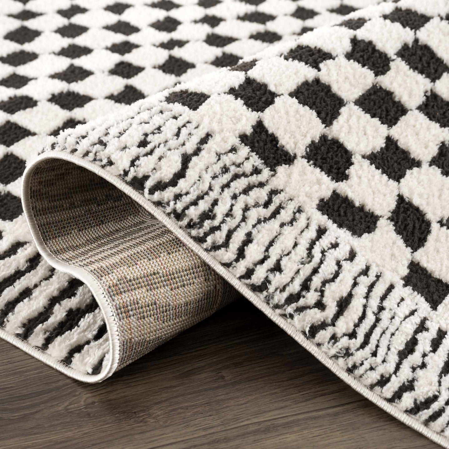 Modern Geometrical Ivory and Black Checkered Plush Pile Moroccan Style Area Rug - The Rug Decor