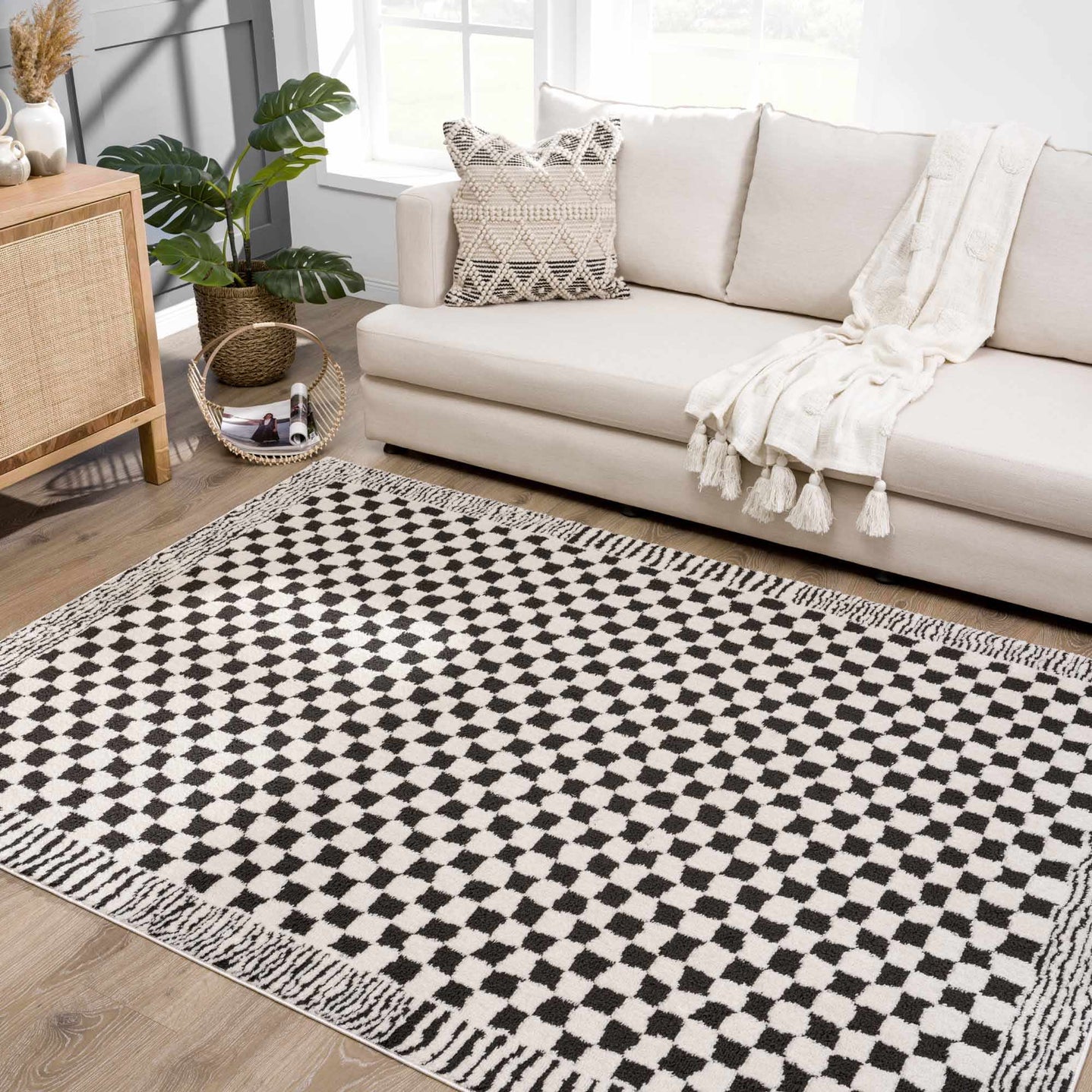 Modern Geometrical Ivory and Black Checkered Plush Pile Moroccan Style Area Rug - The Rug Decor