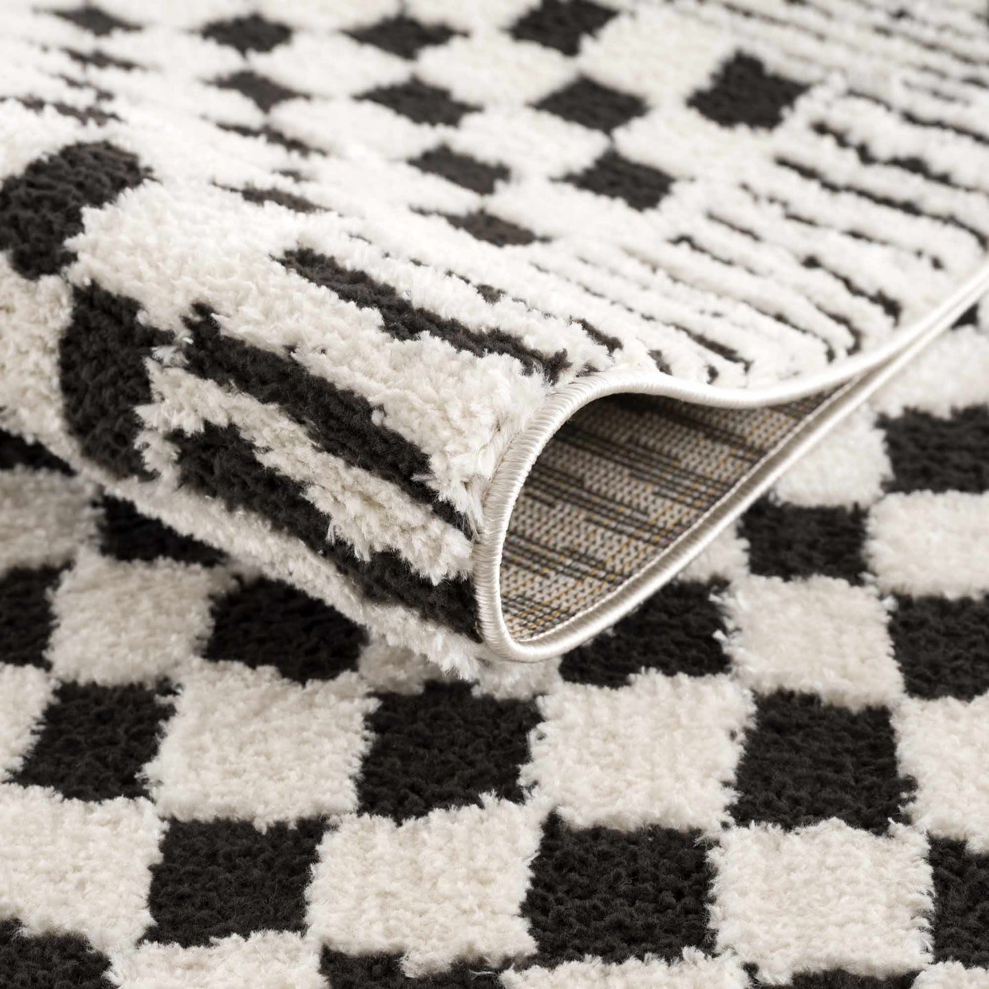Modern Geometrical Ivory and Black Checkered Plush Pile Moroccan Style Area Rug - The Rug Decor