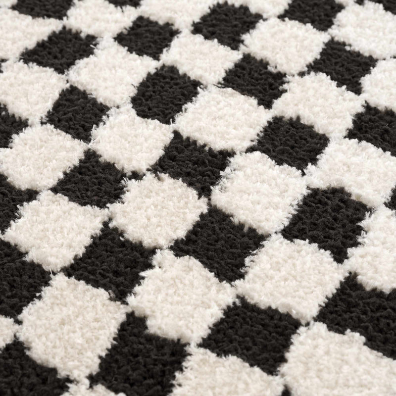 Modern Geometrical Ivory and Black Checkered Plush Pile Moroccan Style Area Rug - The Rug Decor