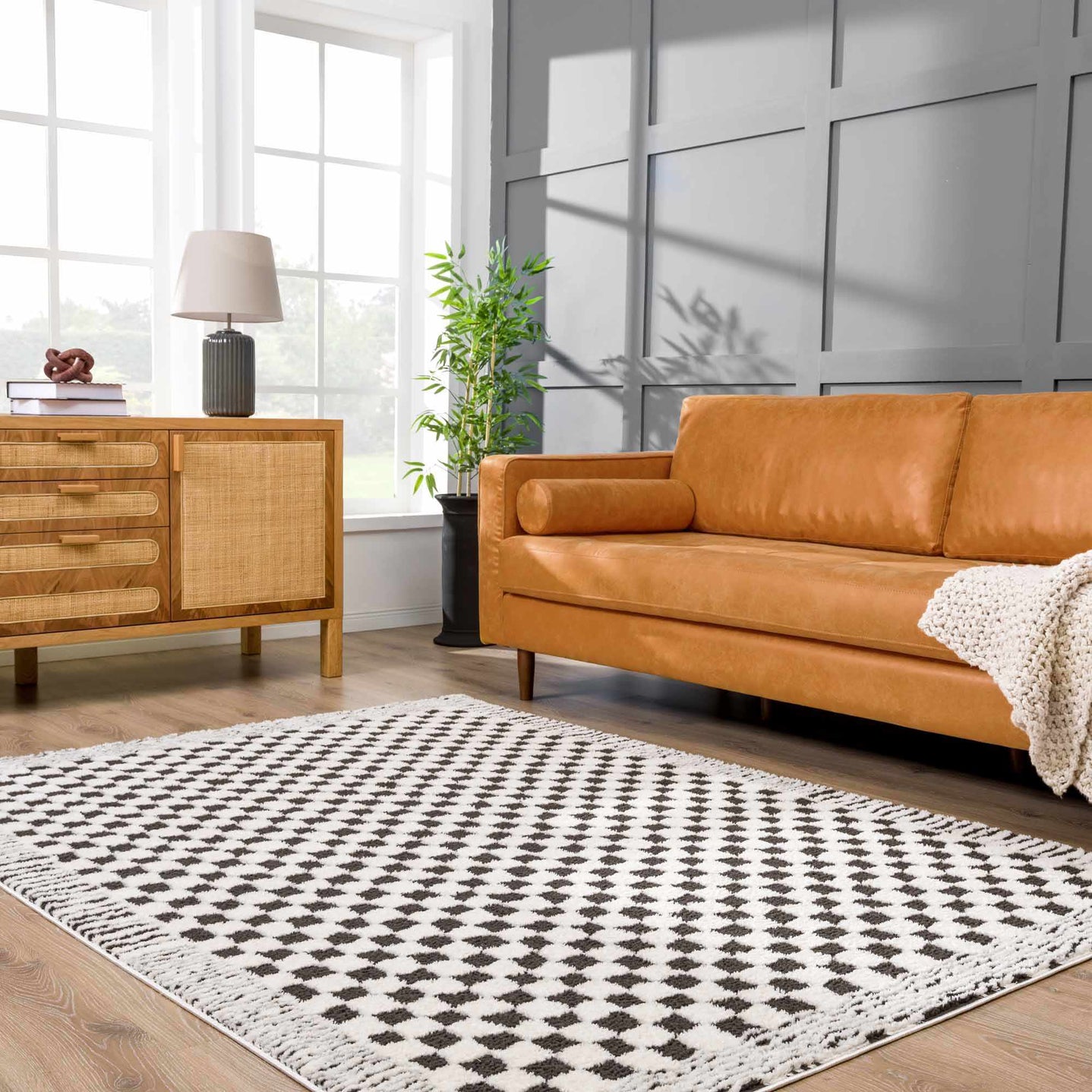 Modern Geometrical Ivory and Black Checkered Plush Pile Moroccan Style Area Rug - The Rug Decor