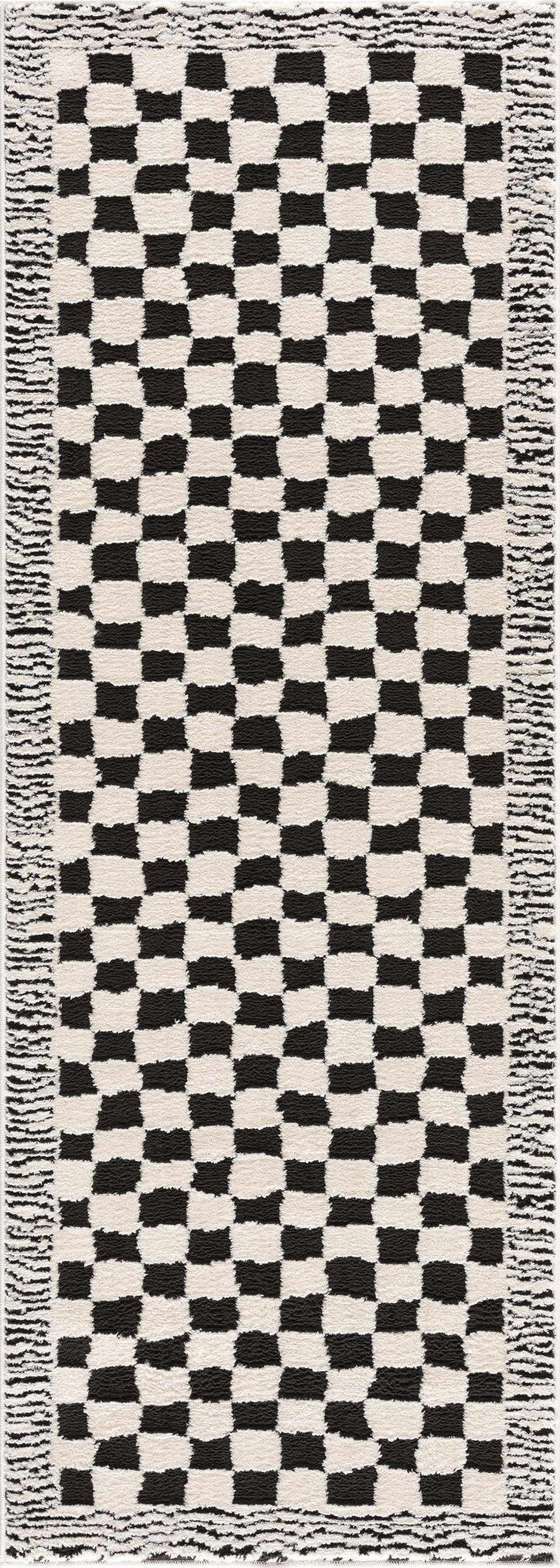 Modern Geometrical Ivory and Black Checkered Plush Pile Moroccan Style Area Rug - The Rug Decor