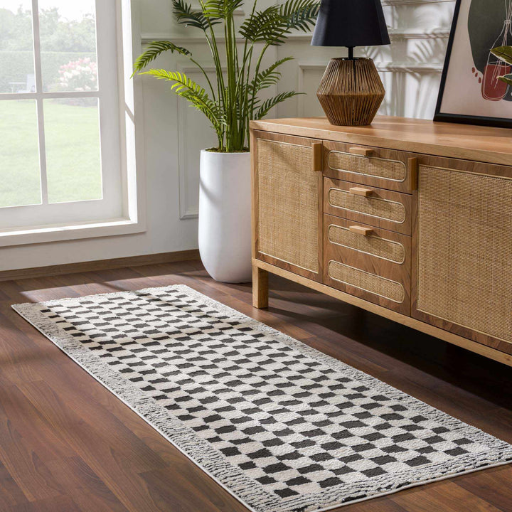 Modern Geometrical Ivory and Black Checkered Plush Pile Moroccan Style Area Rug - The Rug Decor