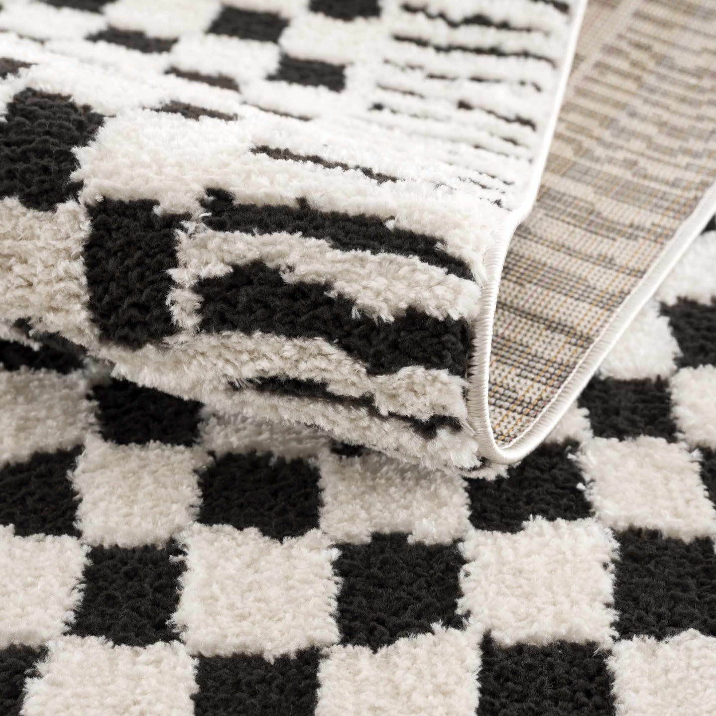 Modern Geometrical Ivory and Black Checkered Plush Pile Moroccan Style Area Rug - The Rug Decor