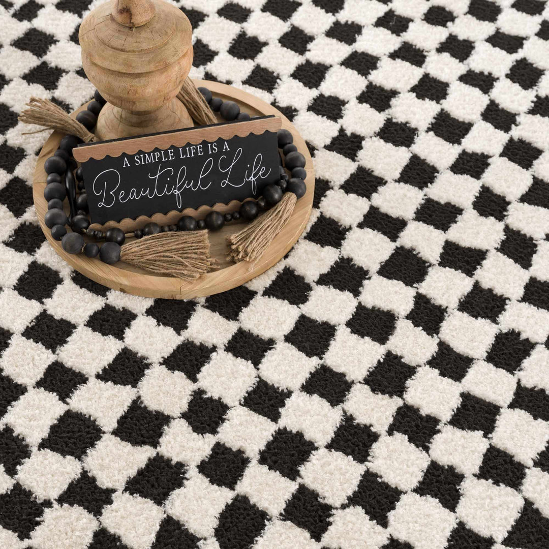 Modern Geometrical Ivory and Black Checkered Plush Pile Moroccan Style Area Rug - The Rug Decor