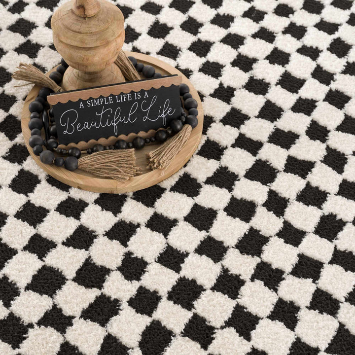 Modern Geometrical Ivory and Black Checkered Plush Pile Moroccan Style Area Rug - The Rug Decor