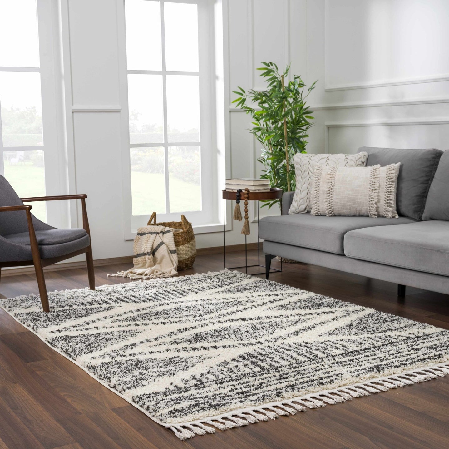 Modern Geometrical Ivory and Charcoal Plush Pile Moroccan Style Area Rug - The Rug Decor