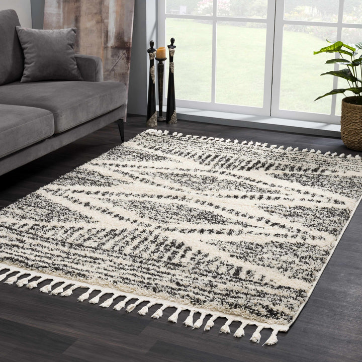 Modern Geometrical Ivory and Charcoal Plush Pile Moroccan Style Area Rug - The Rug Decor