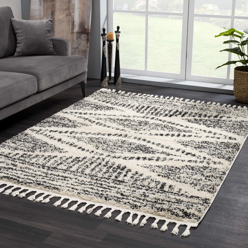 Modern Geometrical Ivory and Charcoal Plush Pile Moroccan Style Area Rug - The Rug Decor