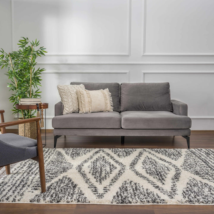 Modern Geometrical Ivory and Charcoal Plush Pile Moroccan Style Area Rug - The Rug Decor