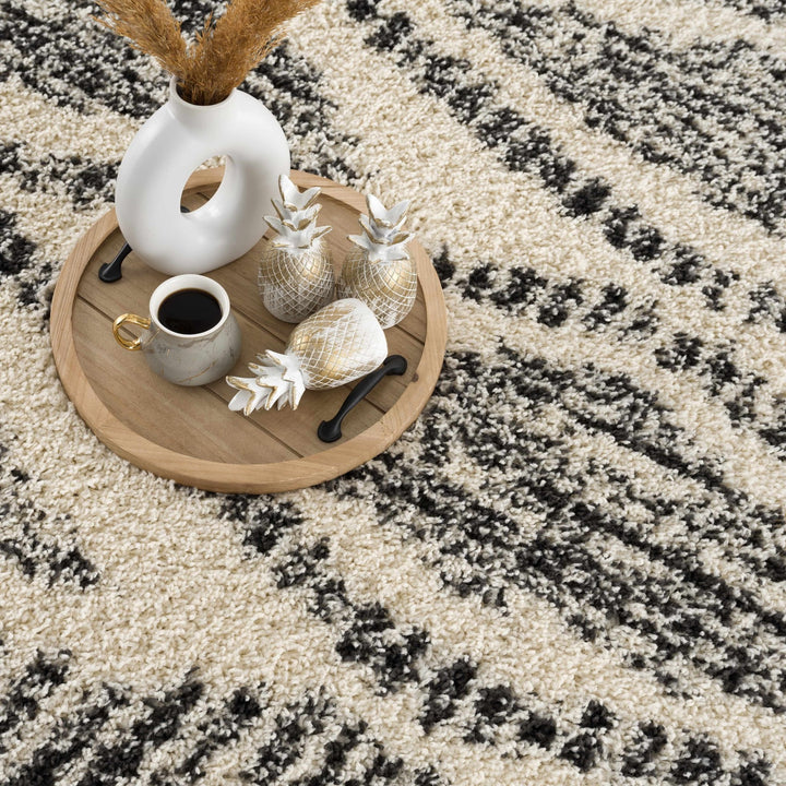 Modern Geometrical Ivory and Charcoal Plush Pile Moroccan Style Area Rug - The Rug Decor