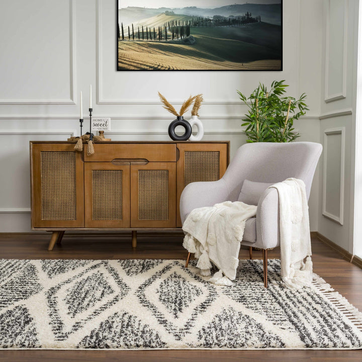Modern Geometrical Ivory and Charcoal Plush Pile Moroccan Style Area Rug - The Rug Decor