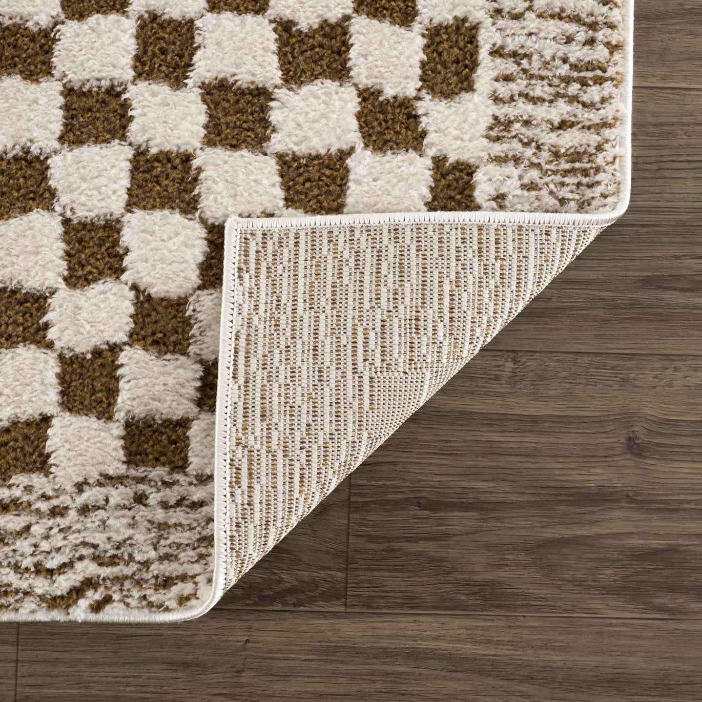 Modern Geometrical Ivory and Olive Checkered Plush Pile Moroccan Style Area Rug - The Rug Decor