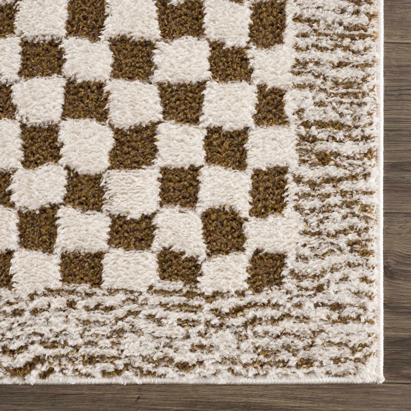 Modern Geometrical Ivory and Olive Checkered Plush Pile Moroccan Style Area Rug - The Rug Decor