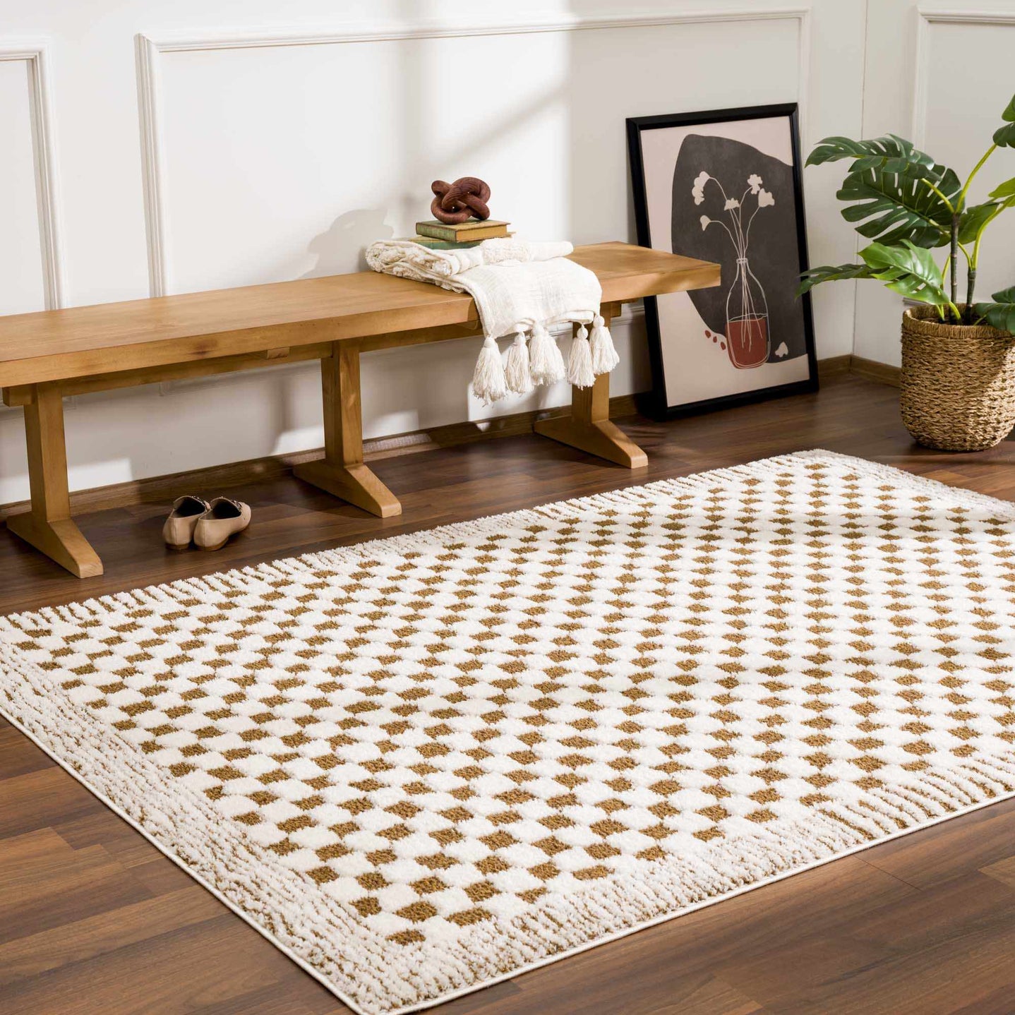 Modern Geometrical Ivory and Olive Checkered Plush Pile Moroccan Style Area Rug - The Rug Decor