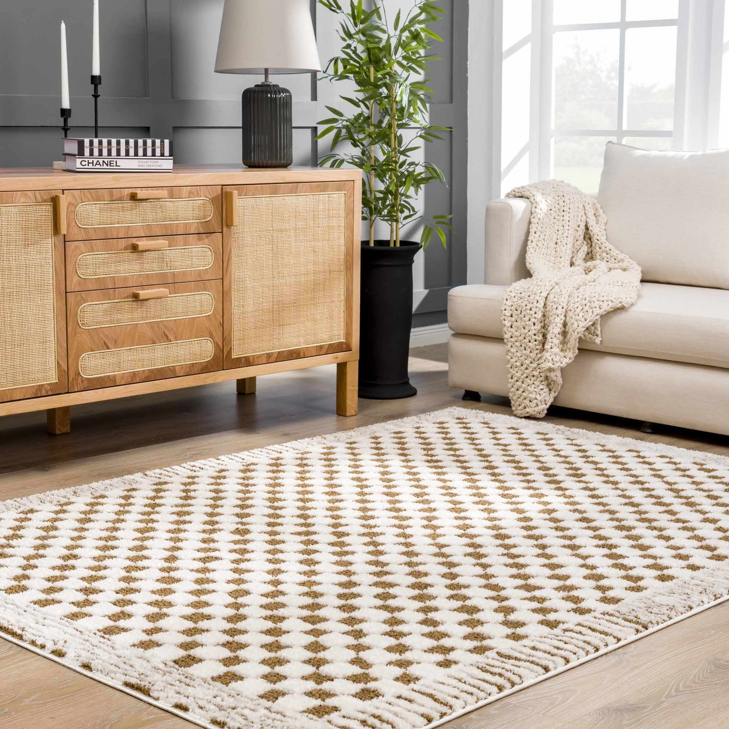 Modern Geometrical Ivory and Olive Checkered Plush Pile Moroccan Style Area Rug - The Rug Decor