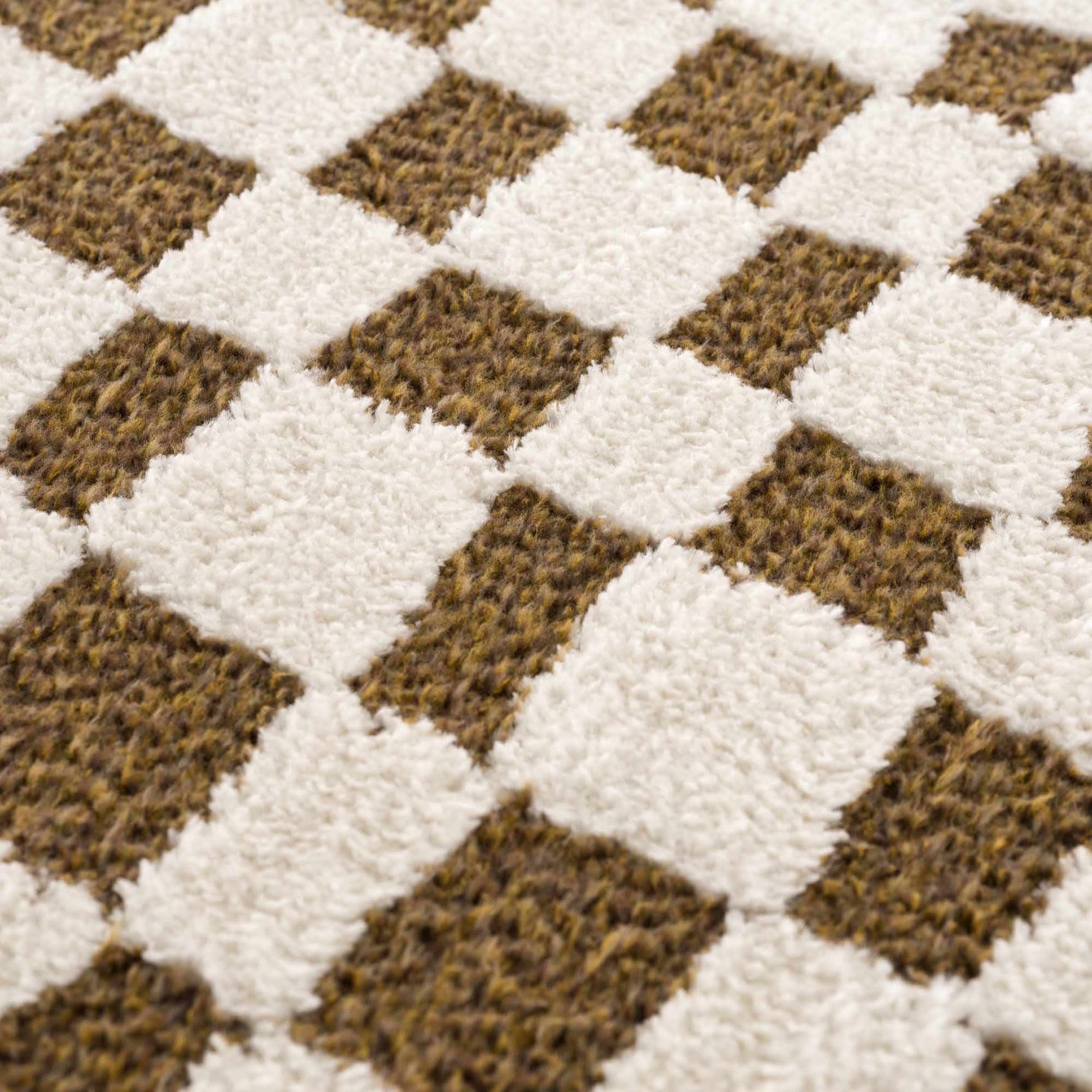 Modern Geometrical Ivory and Olive Checkered Plush Pile Moroccan Style Area Rug - The Rug Decor