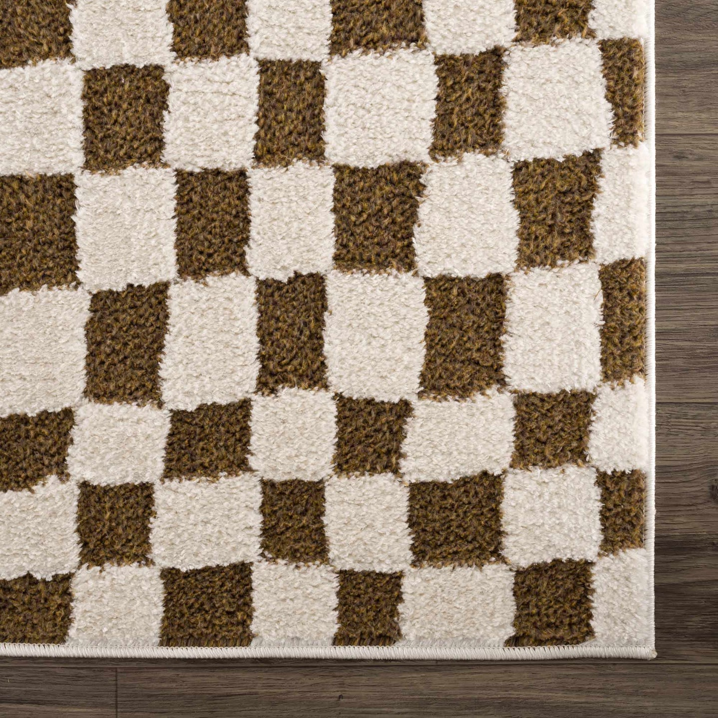 Modern Geometrical Ivory and Olive Checkered Plush Pile Moroccan Style Area Rug - The Rug Decor