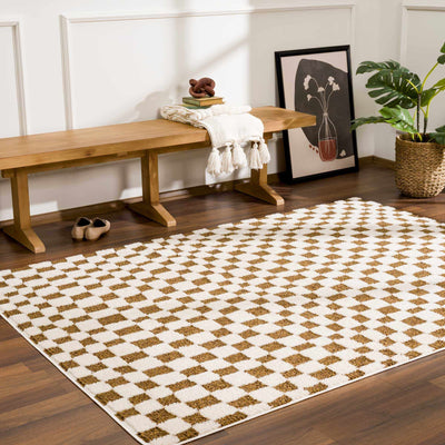 Modern Geometrical Ivory and Olive Checkered Plush Pile Moroccan Style Area Rug - The Rug Decor