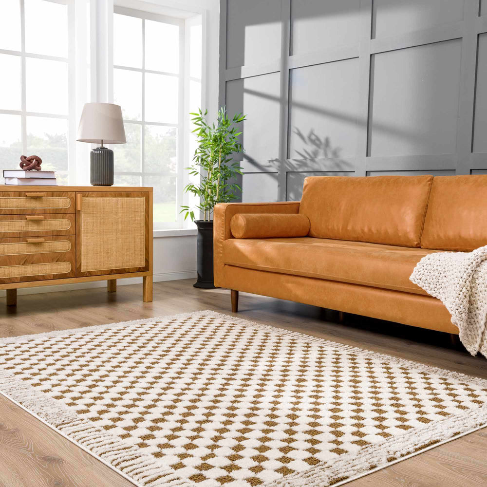 Modern Geometrical Ivory and Olive Checkered Plush Pile Moroccan Style Area Rug - The Rug Decor