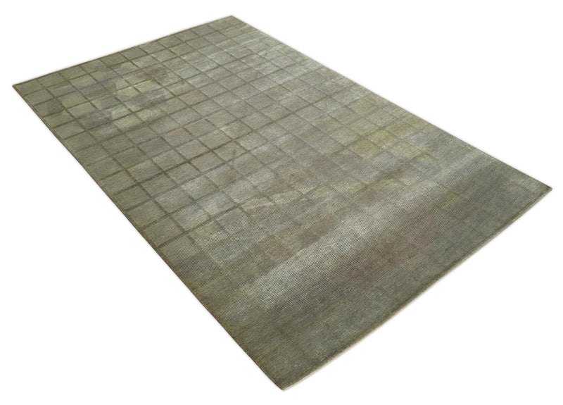 Modern Geometrical Ivory, Brown and Olive 5x8 Hand Knotted Wool and Silk Area Rug - The Rug Decor