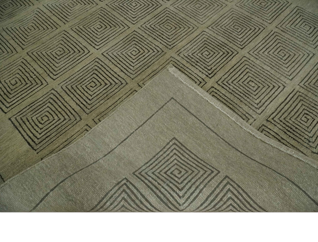 Modern Geometrical Olive and Charcoal Hand loom 5x7 Wool and Art Silk Area Rug - The Rug Decor