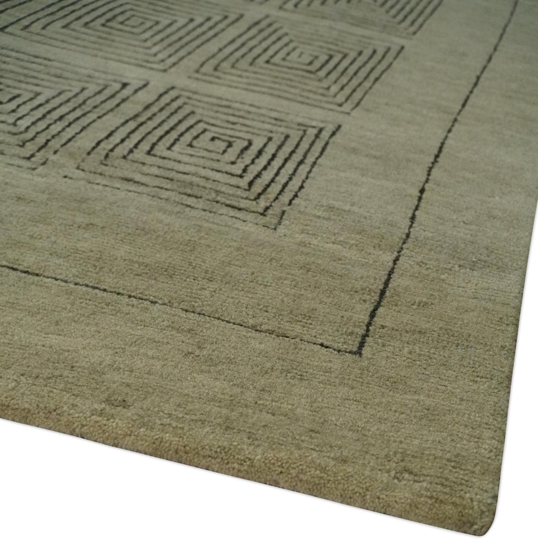 Modern Geometrical Olive and Charcoal Hand loom 5x7 Wool and Art Silk Area Rug - The Rug Decor