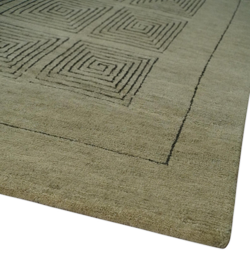 Modern Geometrical Olive and Charcoal Hand loom 5x7 Wool and Art Silk Area Rug - The Rug Decor
