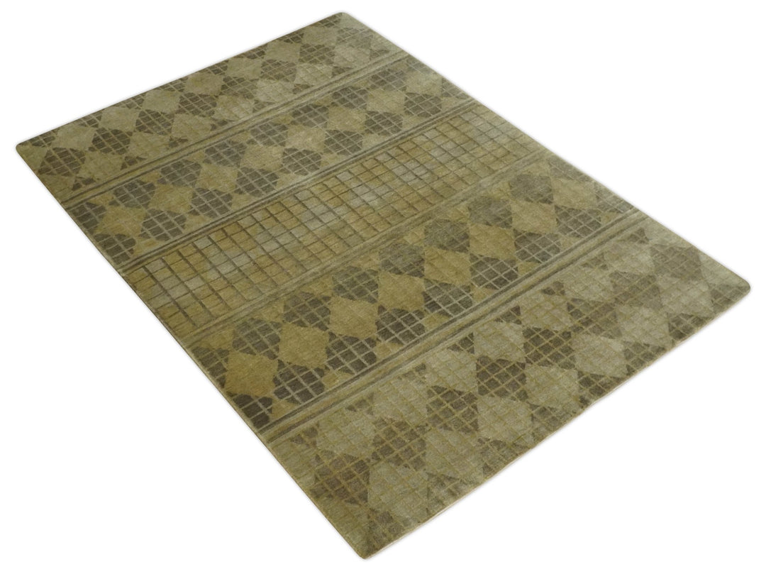 Modern Geometrical Olive, Charcoal and Silver Hand knotted 4.8x6.5 Bamboo Silk Area Rug - The Rug Decor