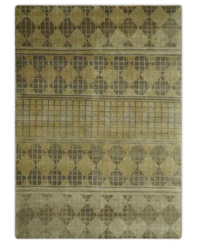 Modern Geometrical Olive, Charcoal and Silver Hand knotted 4.8x6.5 Bamboo Silk Area Rug - The Rug Decor