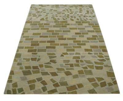 Modern Geometrical Olive, Green, Silver and Beige Hand knotted 5x8 wool Area Rug - The Rug Decor
