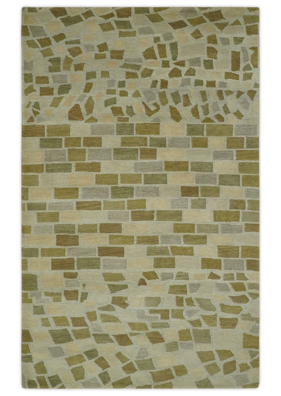 Modern Geometrical Olive, Green, Silver and Beige Hand knotted 5x8 wool Area Rug - The Rug Decor