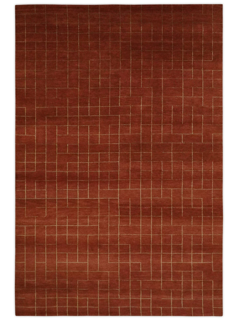 Modern Geometrical Rust and Gold 6x9 Hand loom Wool and Art Silk Area Rug - The Rug Decor