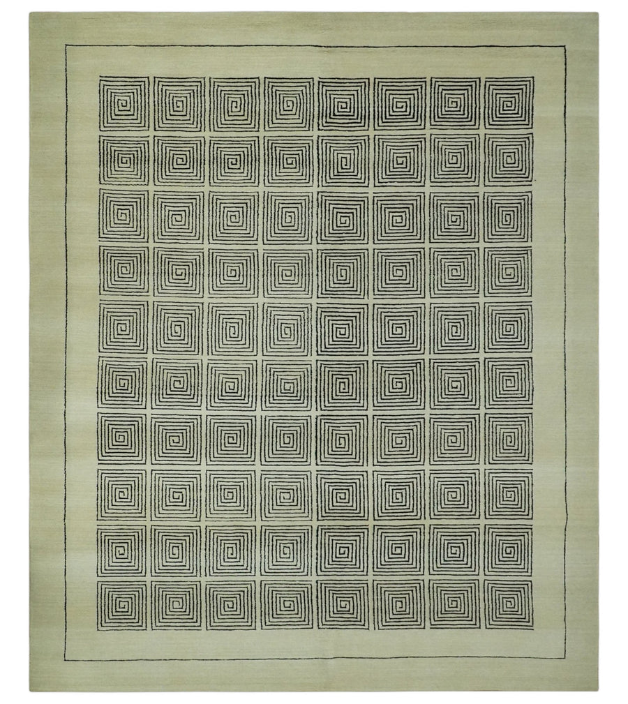 Modern Geometrical Square Design Beige and Black Hand loom 6.6x8 wool and Art Silk Area Rug - The Rug Decor