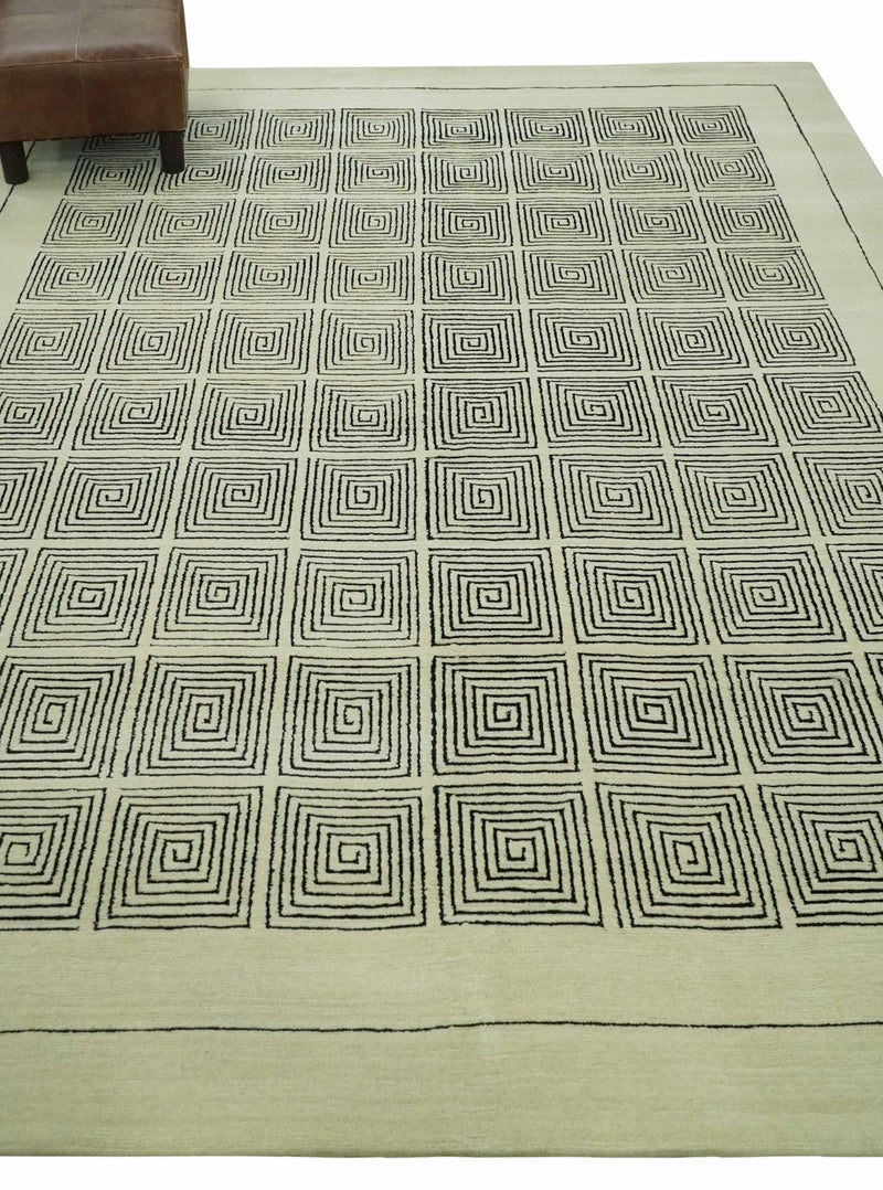 Modern Geometrical Square Design Beige and Black Hand loom 6.6x8 wool and Art Silk Area Rug - The Rug Decor