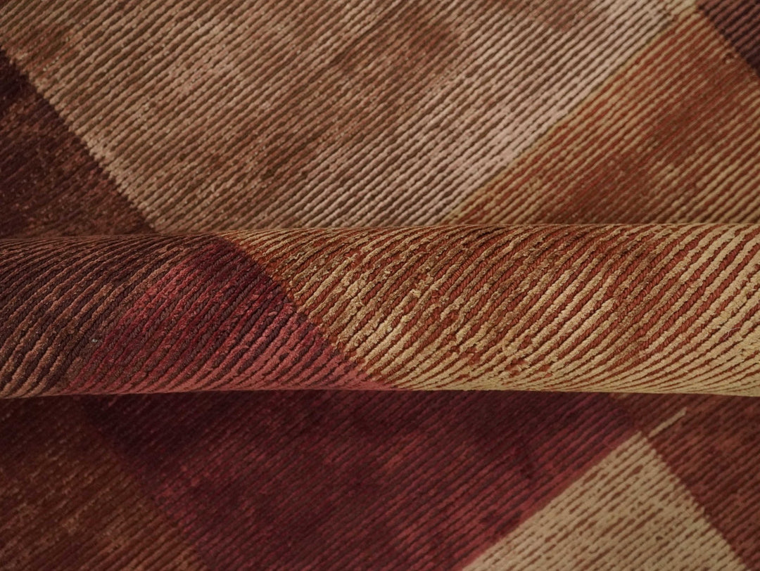 Modern Geometrical Square Shades of Brown Hand Knotted Stripes texture 4.6x6.6 wool and art silk Area rug - The Rug Decor