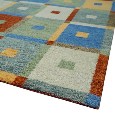 Modern Hand Knotted 5x8 Ivory, Yellow, Rust, blue and Green Square shape Wool Traditional Antique Southwestern Lori Gabbeh | TRDPC18 - The Rug Decor