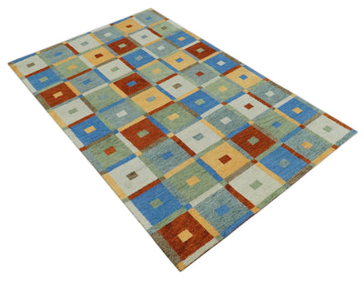 Modern Hand Knotted 5x8 Ivory, Yellow, Rust, blue and Green Square shape Wool Traditional Antique Southwestern Lori Gabbeh | TRDPC18 - The Rug Decor