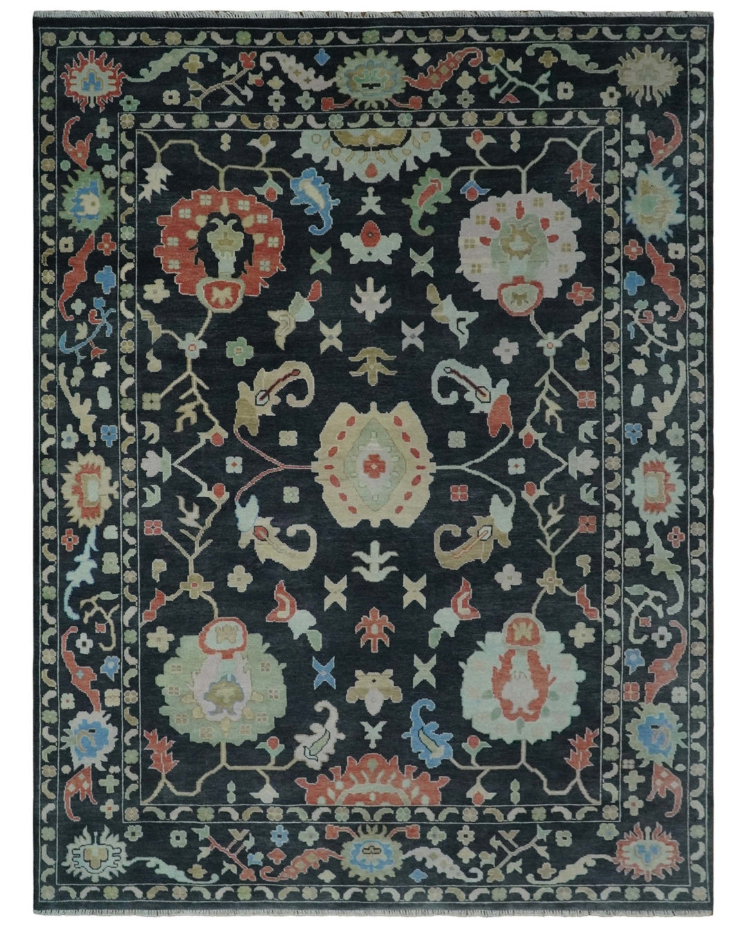 Modern Hand Knotted Black and Multicolor 10x14 Traditional Oushak Wool Rug - The Rug Decor