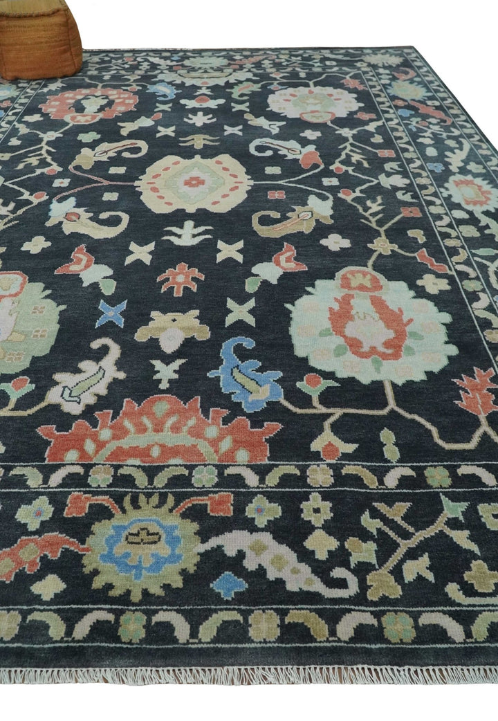 Modern Hand Knotted Black and Multicolor 10x14 Traditional Oushak Wool Rug - The Rug Decor