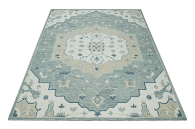 Modern Hand Tufted Ivory, Camel and Blue Antique Persian Wool Area Rug | TRDMA163 - The Rug Decor
