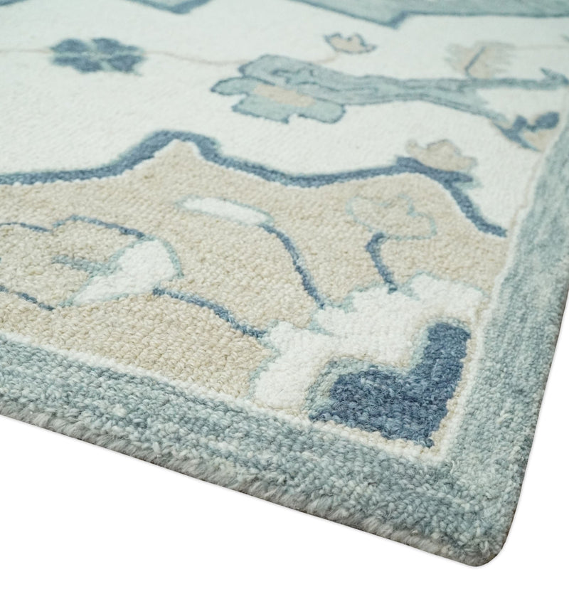 Modern Hand Tufted Ivory, Camel and Blue Antique Persian Wool Area Rug | TRDMA163 - The Rug Decor