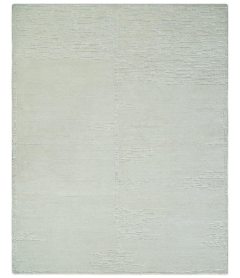 Modern Loop Cut Pile Solid plane Beige Hand Knotted 8x10 Wool Area